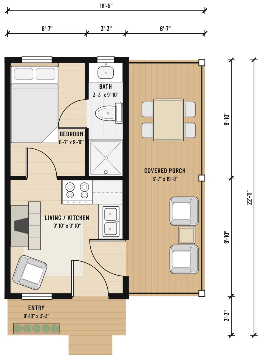 Floor plan of The Blue Porch Cottage with room sizes and dimensions