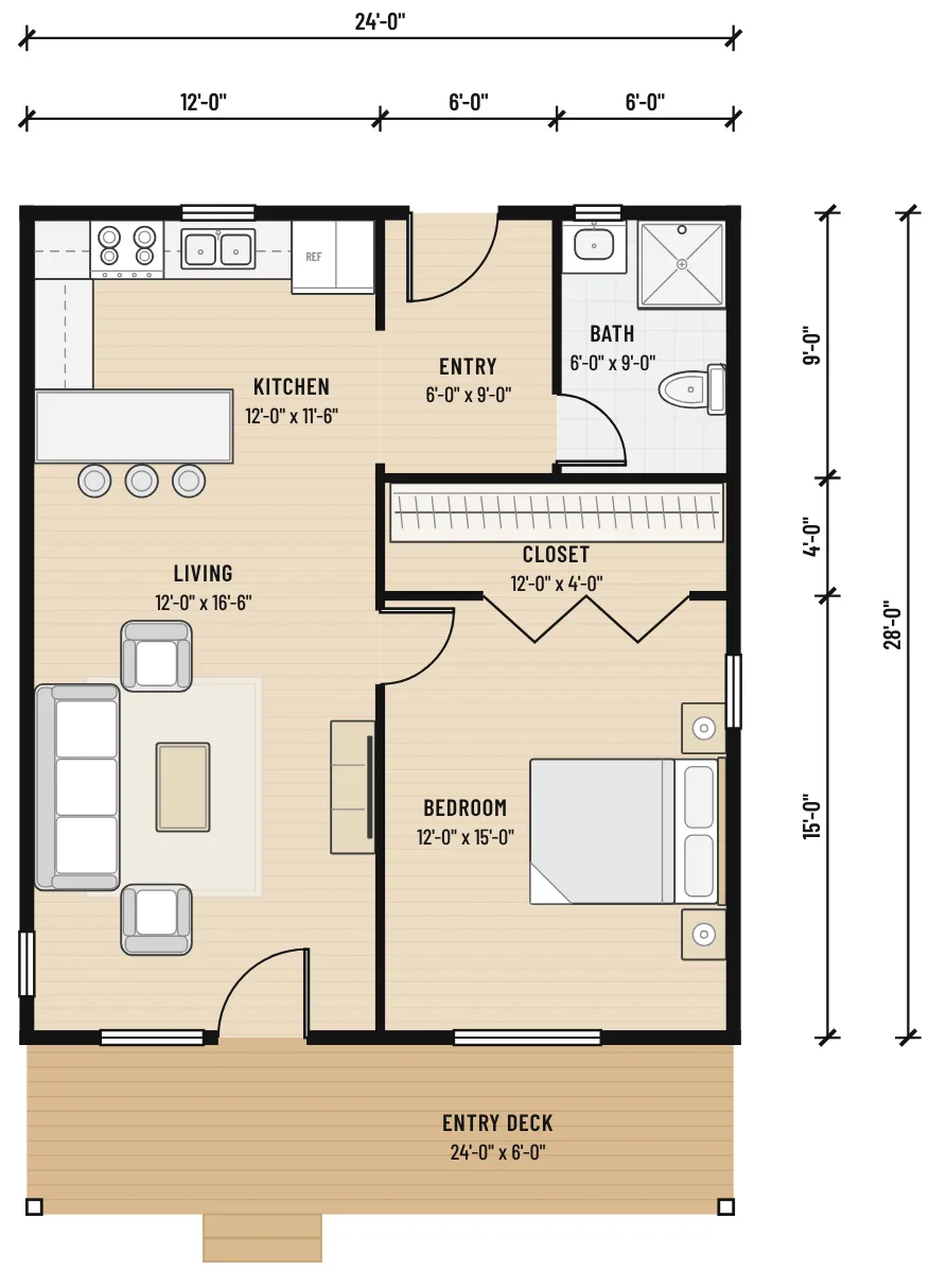 Floor plan of The Bougainvillea Cottage with room sizes and dimensions