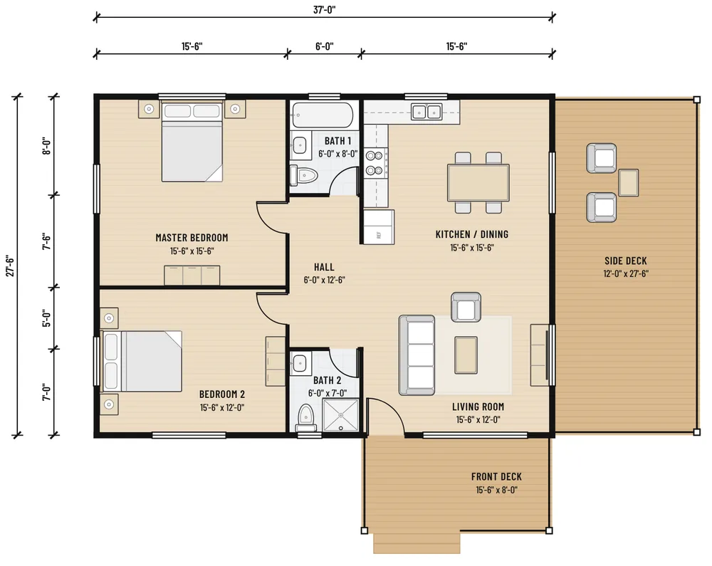 Floor plan of The Golden Hour House with room sizes and dimensions