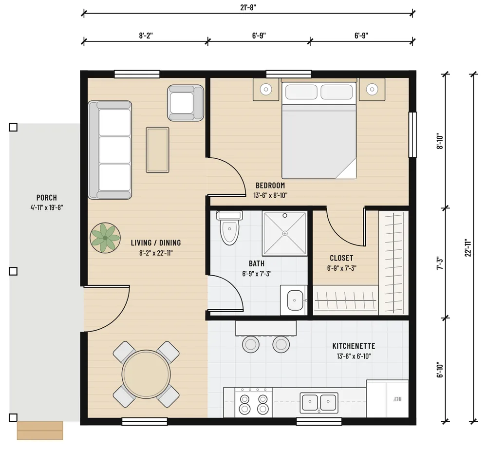 Floor plan of The Old Stone Cottage with room sizes and dimensions