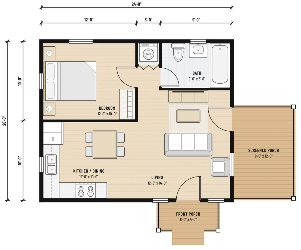 Floor plan of The Screen Porch Cottage with room sizes and dimensions