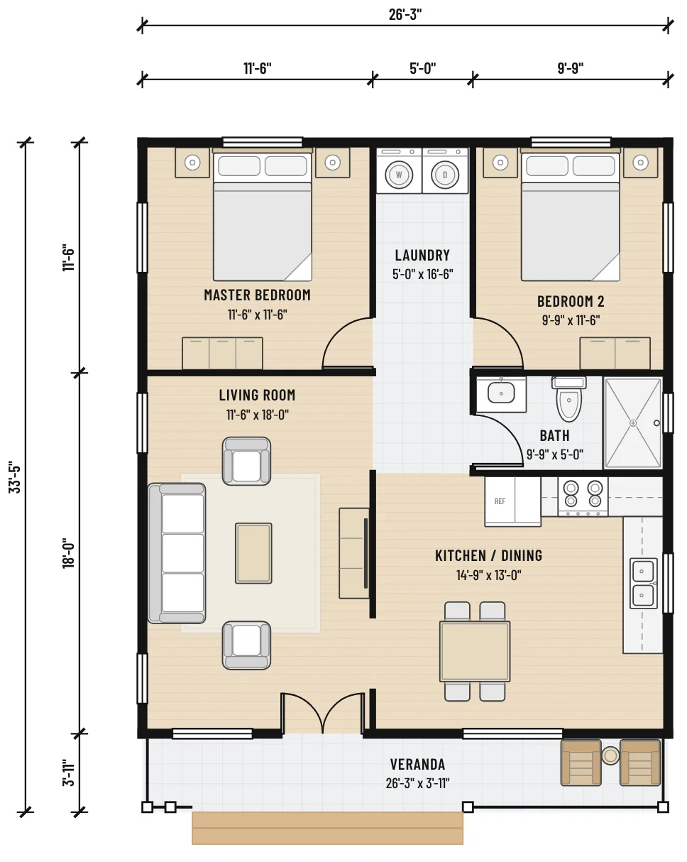 Floor plan of The Veranda House with room sizes and dimensions
